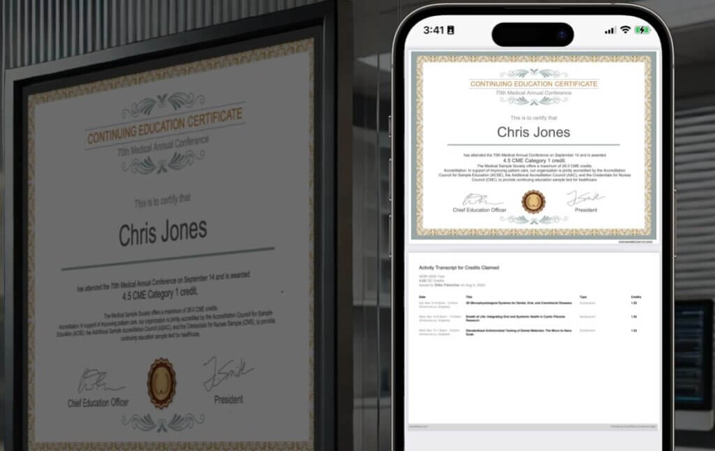 CME CE Credit certificate on wall and phone