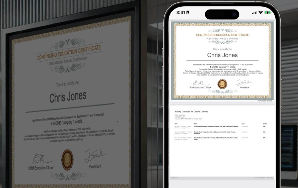 Continuing Education Certificate on wall and mobile conference app