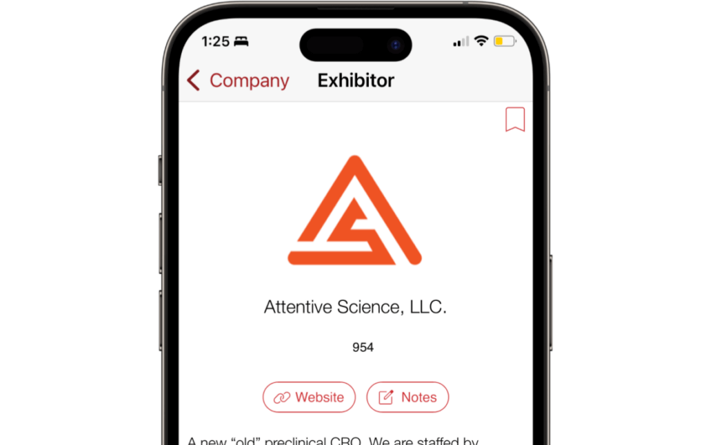 exhibitor detail view in mobile event app with large centered logo